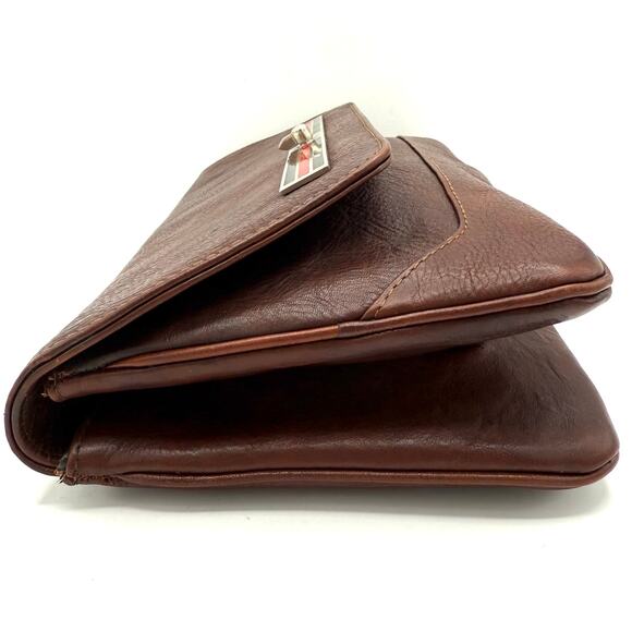 Vintage 60s Taurus Brown Leather Clutch Bag w/ Red Enamel Clasp Mod Purse - Picture 5 of 16